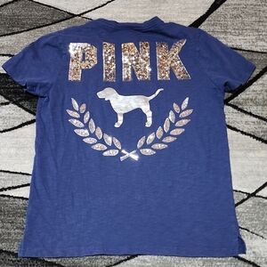 VS PINK 2019 CAMPUS CREW SILVER SHINE SEQUINS DOG BLUE COTTON TEE-SHIRT